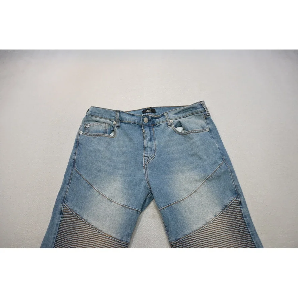 True Religion Rocco Relaxed Skinny Jeans Mens 34x34 Blue Moto Biker Ribbed Denim